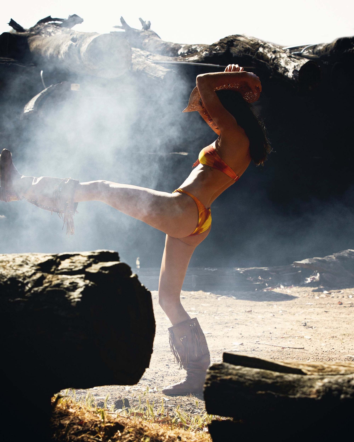 Lifestyle shot of the 90s Pant - Ablaze.