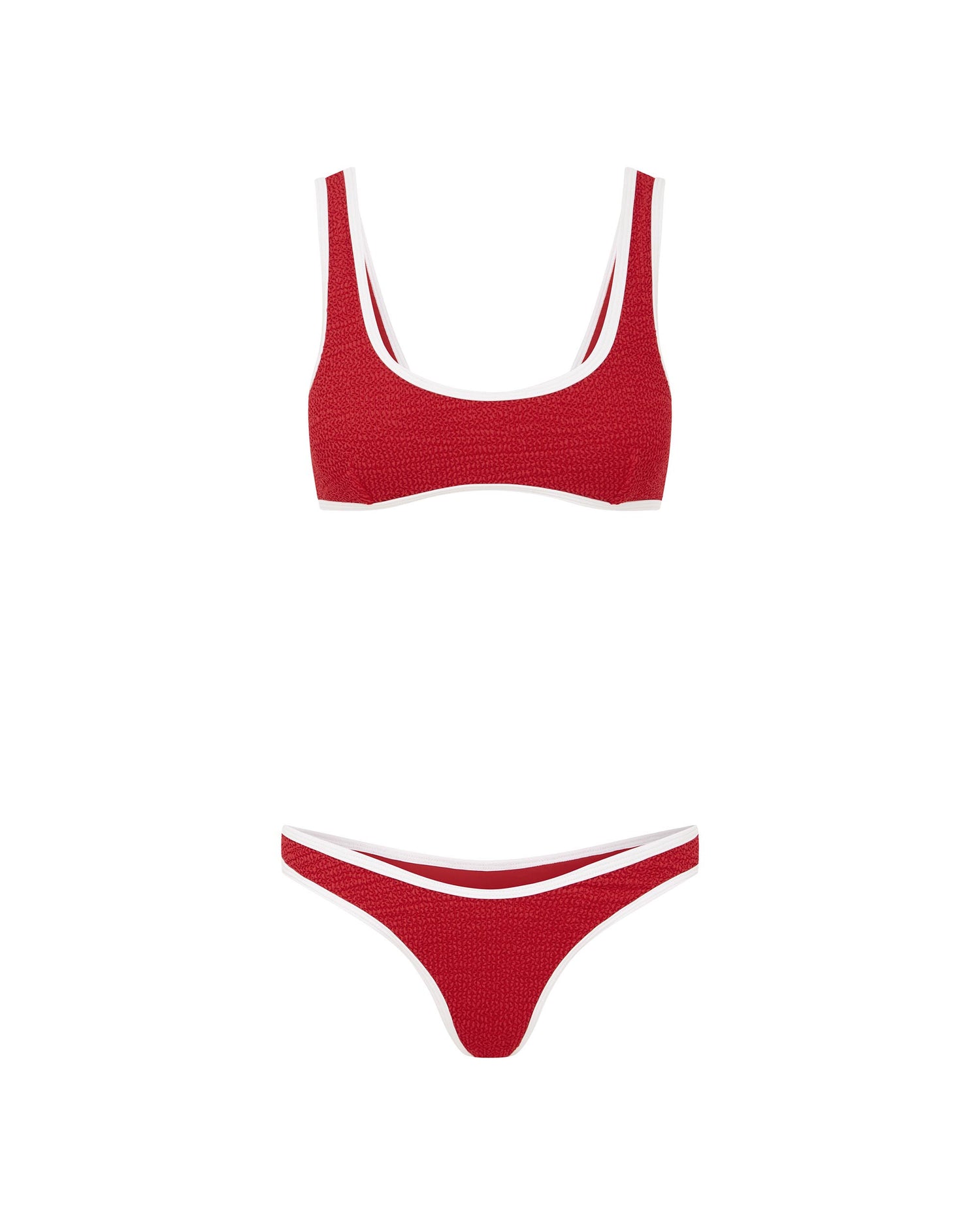 Studio image of the 90s Duo Crop top in Red and White Crimp, showcasing its scooped neck design and white contrast edging. 