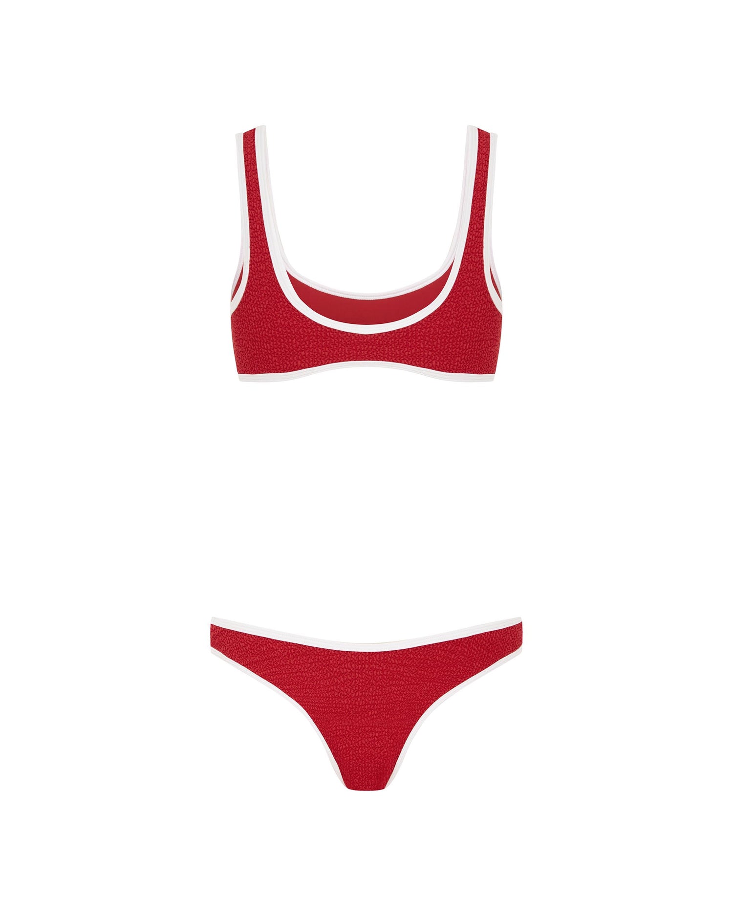 Studio image of the back of the 90s Duo Crop top in Red and White Crimp, showcasing its low back cut. 