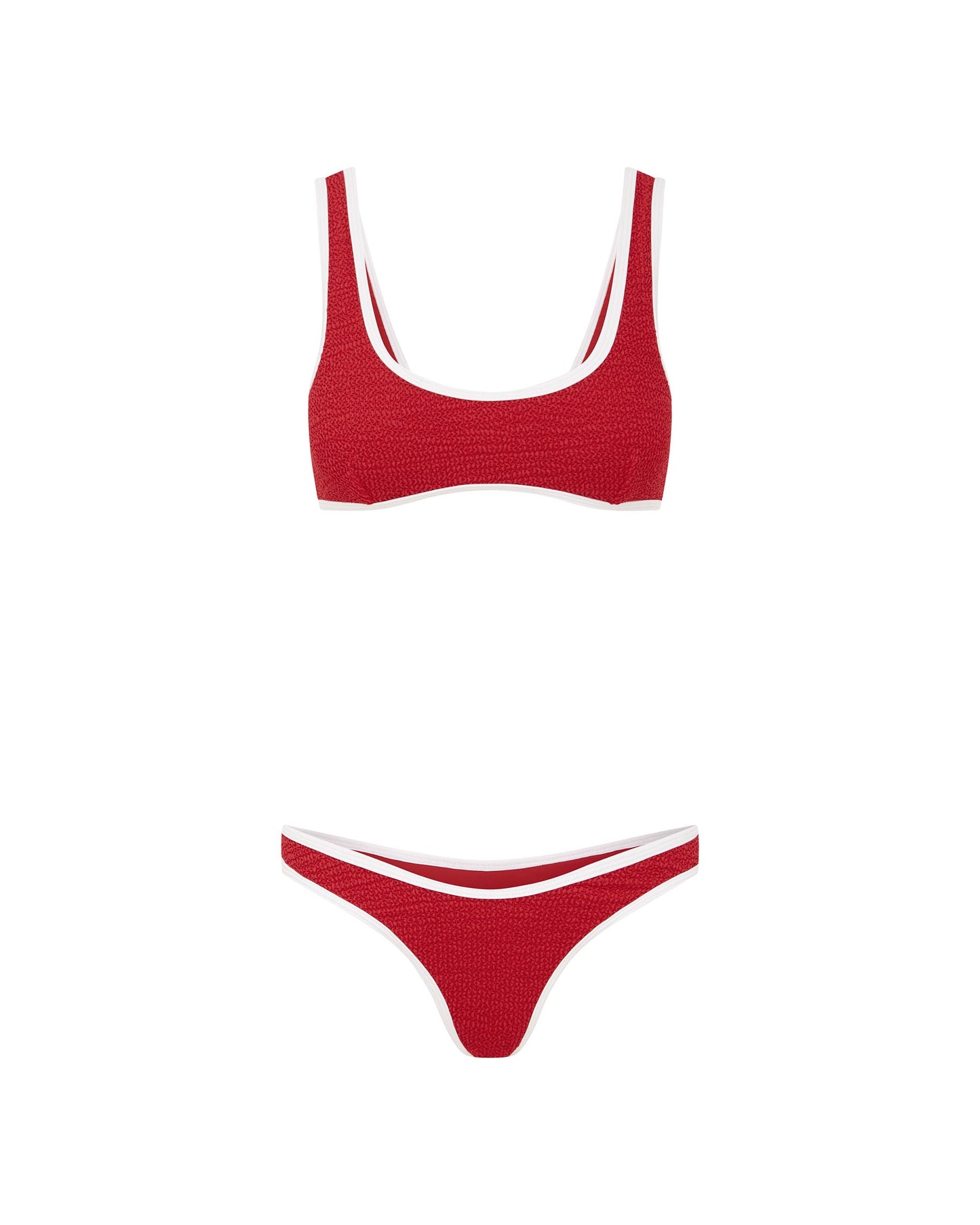 Studio image of the 90s Duo Pant in Red and White Crimp, showcasing its high leg cut and textured fabric. 
