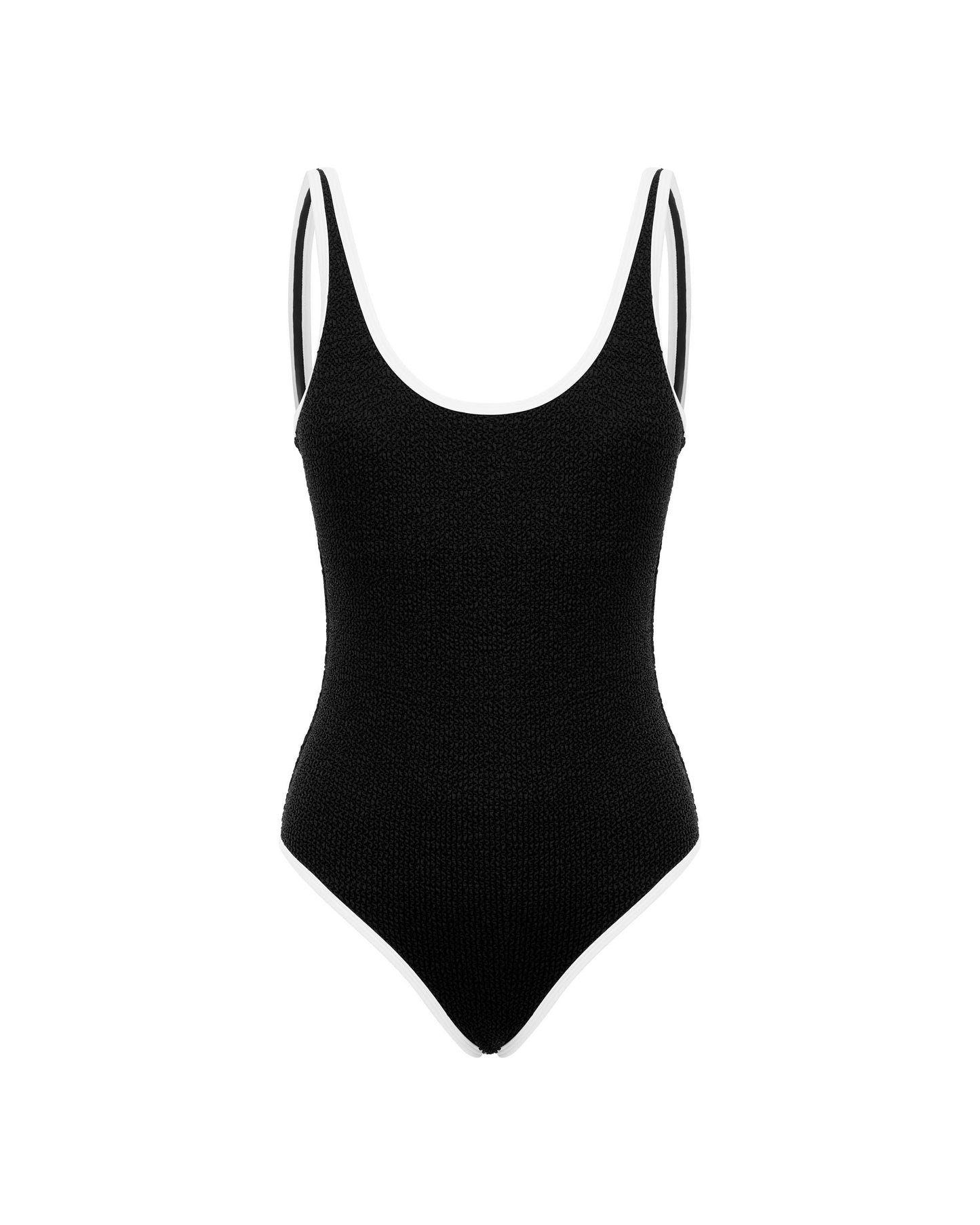 Studio image of the Backless Duo One Piece in Black and White Crimp, featuring its scooped neck and mid-high leg cuts. 