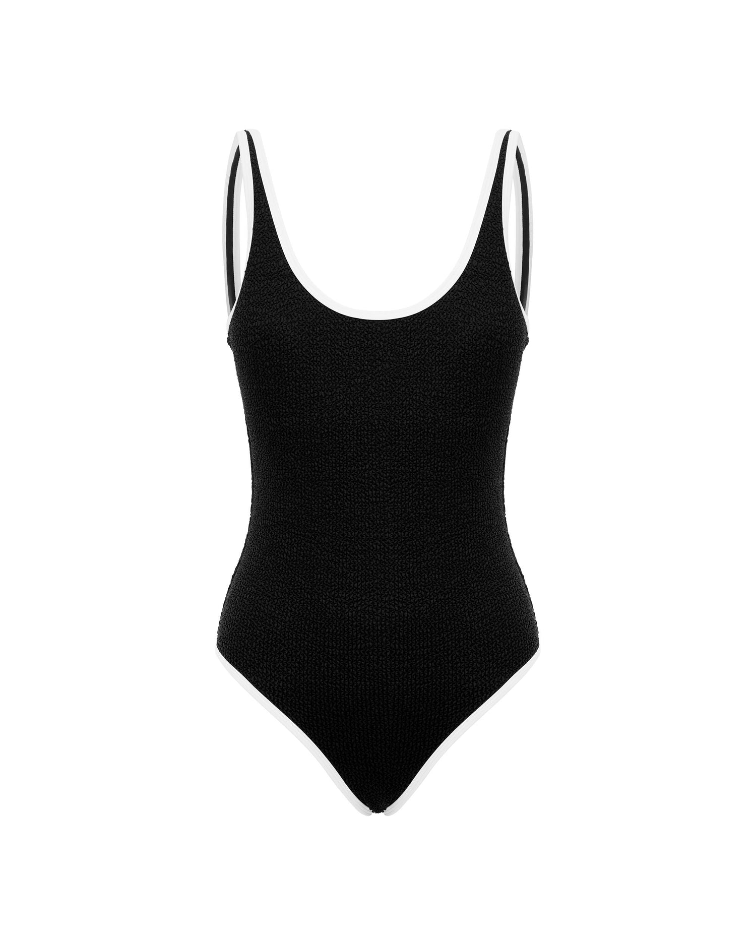 Studio image of the Backless Duo One Piece in Black and White Crimp, featuring its scooped neck and mid-high leg cuts. 