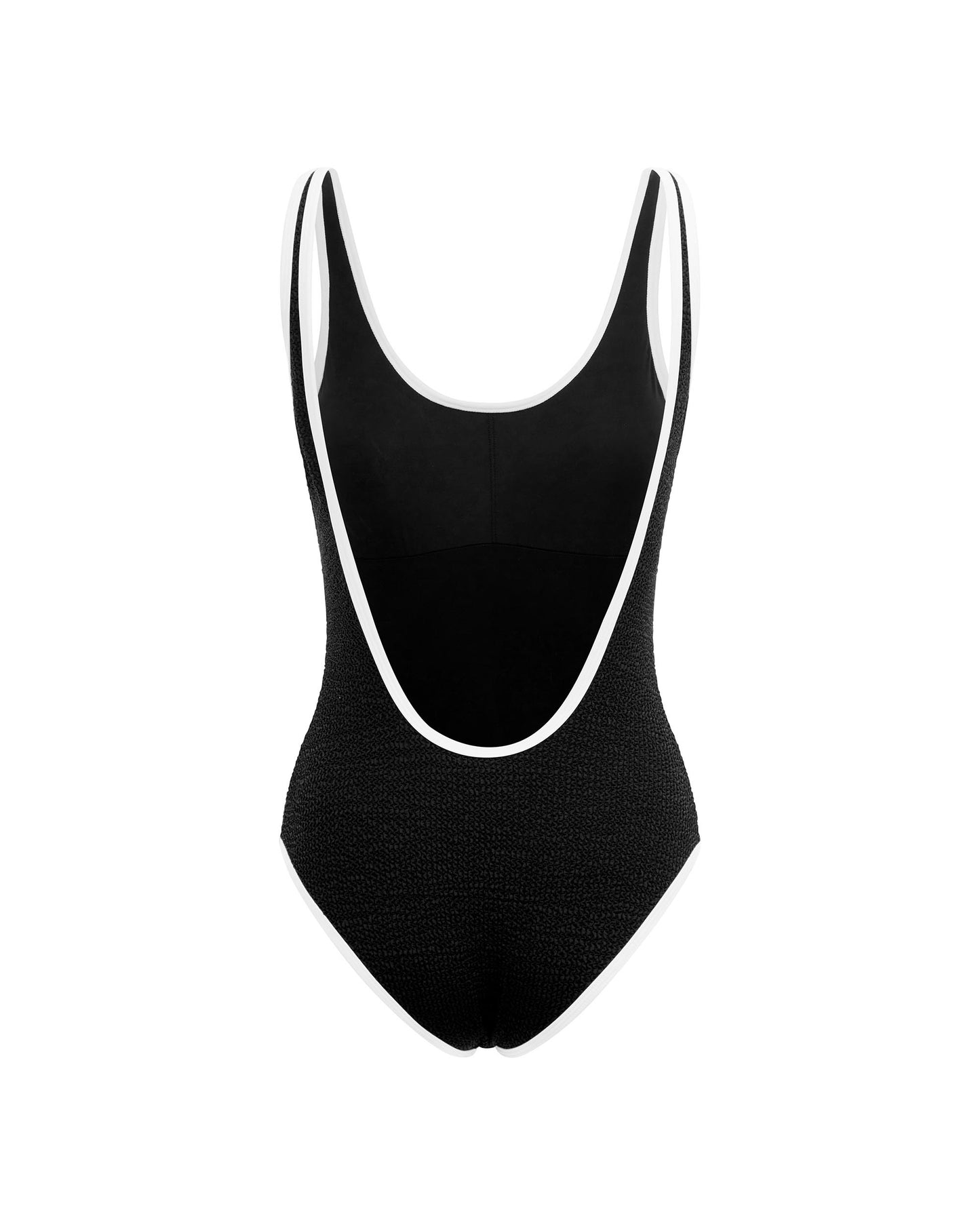 Studio image of the back of the Backless Duo One Piece in Black and White Crimp, featuring its low back cut and medium bottom coverage. 