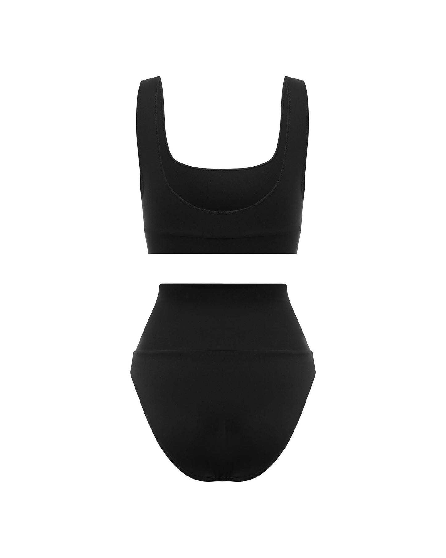 Studio image of the back of the Contour High Waist Pant in Black, showcasing its moderate bottom coverage. 
