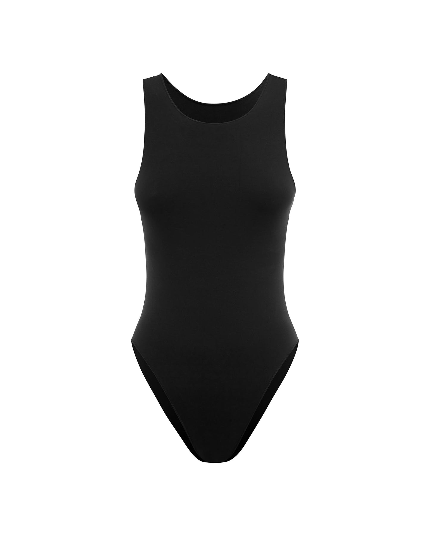 Studio image of the Contour Bodysuit in Black, highlighting its high neckline and compression fit.  