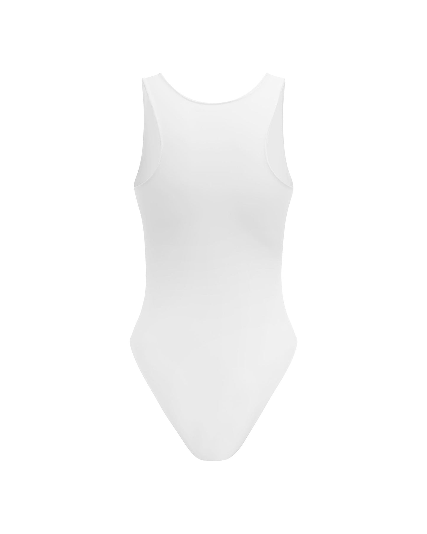 Studio image of the back of the Contour Bodysuit in White, showcasing its medium bottom coverage. 
