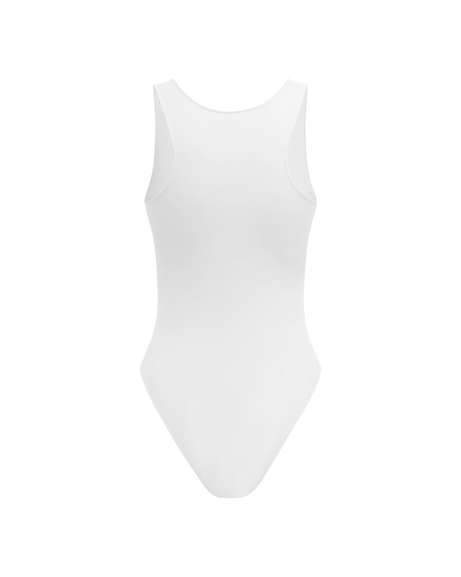 Studio image of the back of the Contour Bodysuit in White, showcasing its medium bottom coverage. 