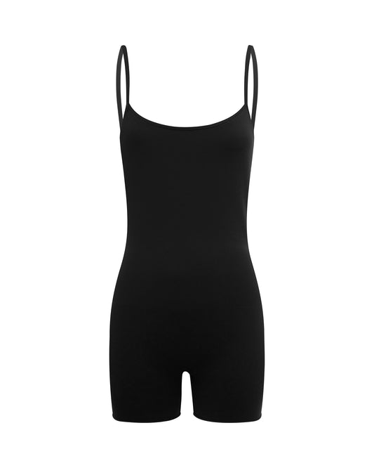 Studio image of the Contour Onesie in Black, showcasing its bike short design and adjustable shoulder straps. 