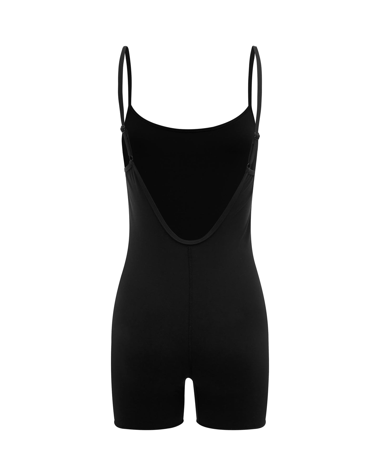 Studio image of the back of the Contour Onesie in Black, showcasing the low cut back and adjustable shoulder straps. 