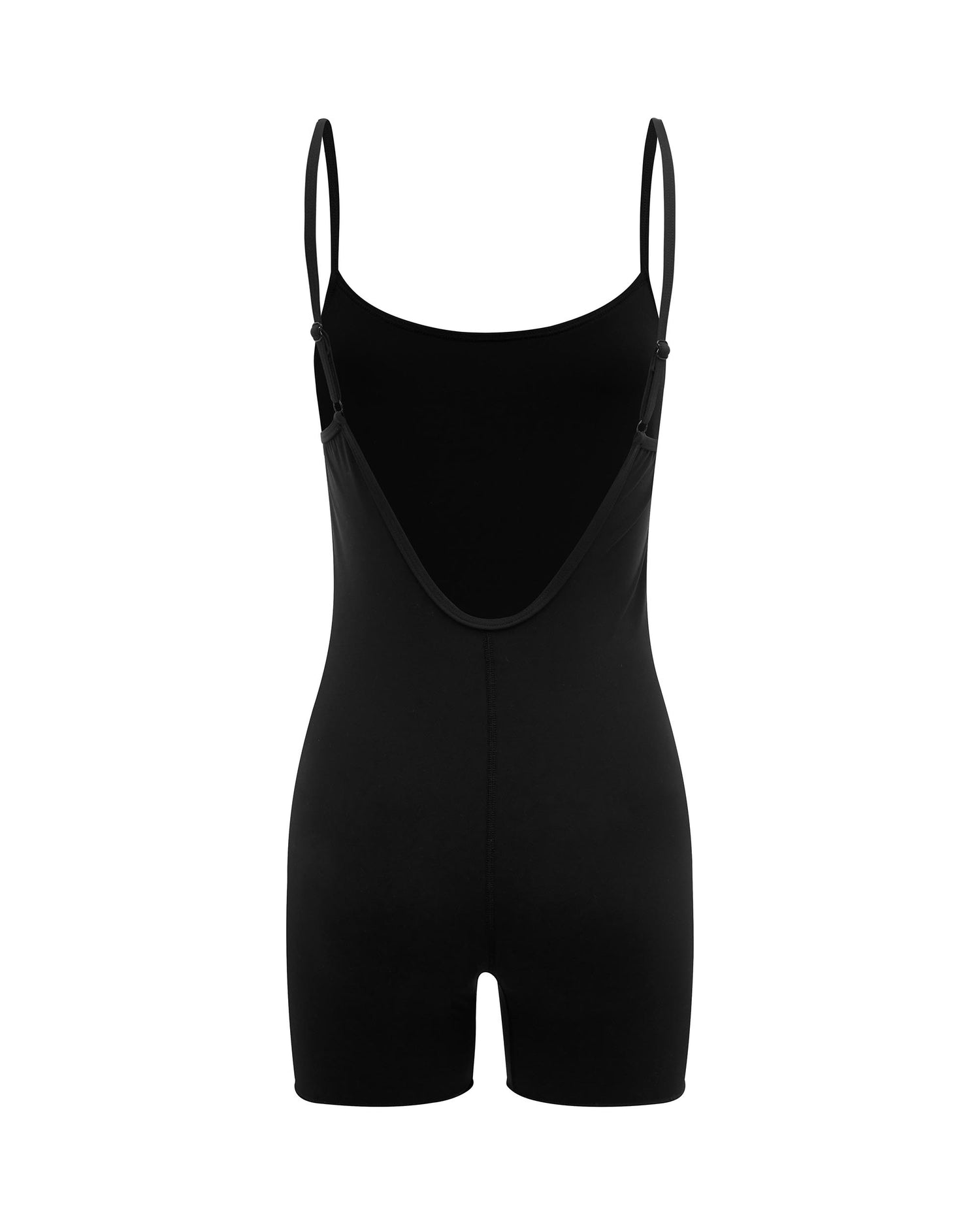 Studio image of the back of the Contour Onesie in Black, showcasing the low cut back and adjustable shoulder straps. 