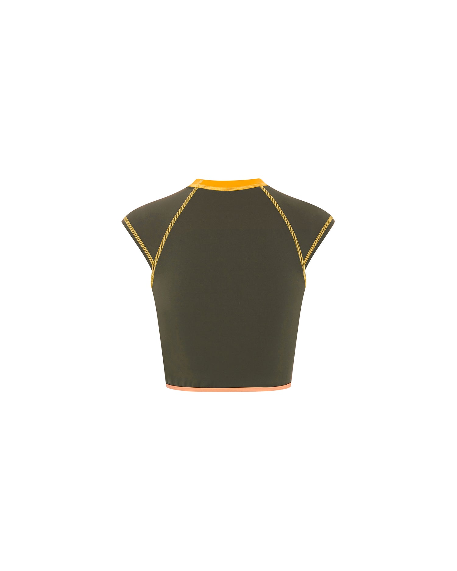 Studio image of the back of the Contour Tee in Peaches, highlighting its contrasting orange stitching and fitted design. 