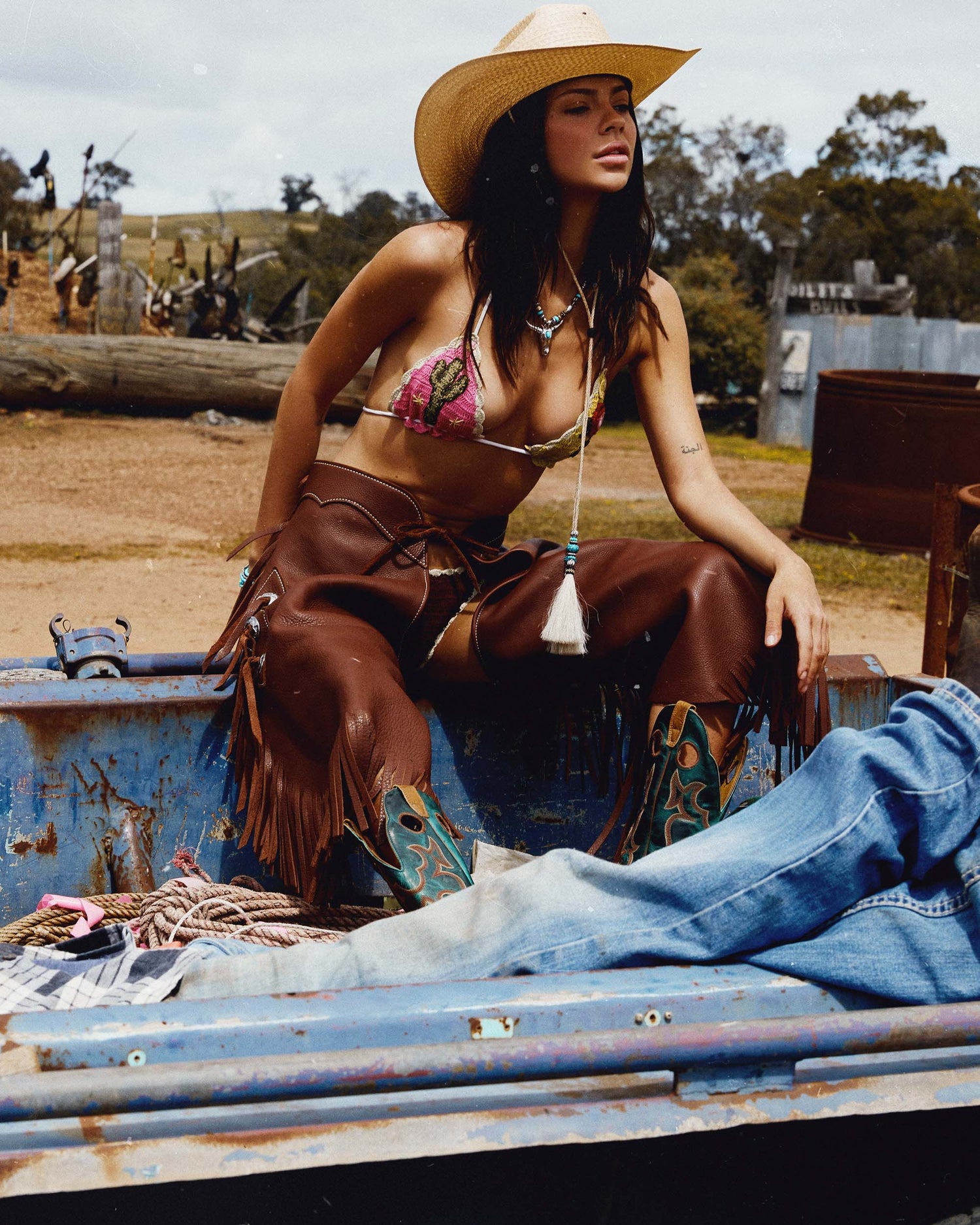 Lifestyle shot of the Crochet Tie Pant - Saguaro. 